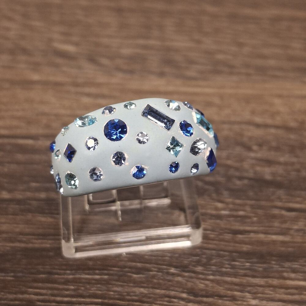 White Enamel Dome Ring Blue Crystal Rhinestone Statement Chunky Cocktail 7.5